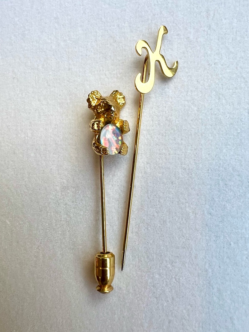 Vintage Opal Gold-Tone Koala Stick Pin & Script Letter K Stick Pin, Lot of 2